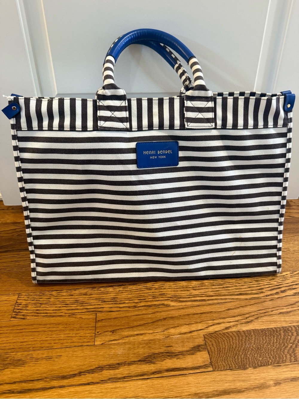 Henri Bendel Black & White Striped Tote with Blue Trim